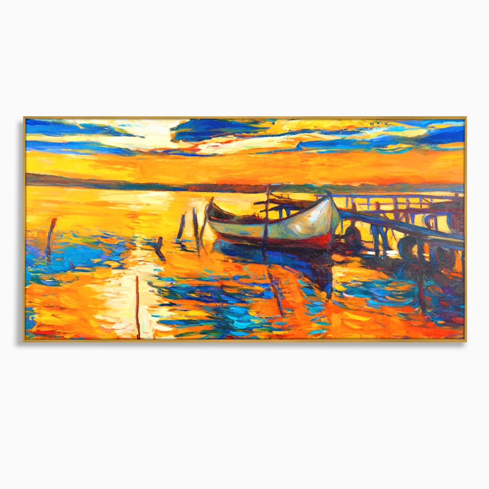 Tablou canvas cu pictura cu barca la apus, in rama de aluminiu auriu